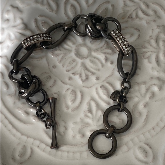 Fossil Gunmetal Silver Chain Link Bracelet with Rhinestones Punk Rebel Rocker - Picture 7 of 12